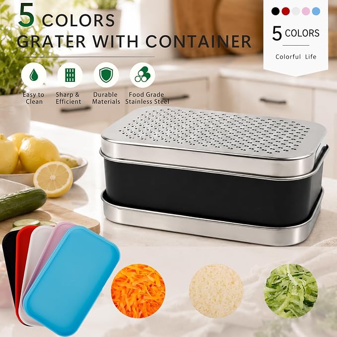 Cheese Grater with Storage Container, Box Grater Stainless Steel for Vegetables, Cheese Shredder 2 Sharp Blades for Fine & Coarse, Non-Slip Base, Lemon Zester, Includes Cleaning Brush (Black)