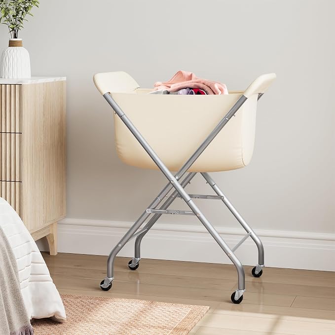 ELYKEN Laundry Basket with Wheels, Collapsible Laundry Hamper, Cream | Removable Liner Bag, Foldable Design, Sturdy Metal Frame, 4 Casters, 32”H Laundry Cart for Bedroom, Bathroom & Laundry Room