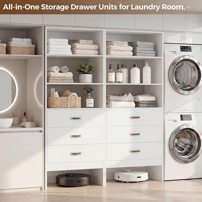 Armocity 4FT Closet System with Leather Handles, 48" Walk-in Closets Storage Unit with Cabinet, Wood Wardrobe Closet Organizer and Storage with 6 Drawers, Set of 2, White