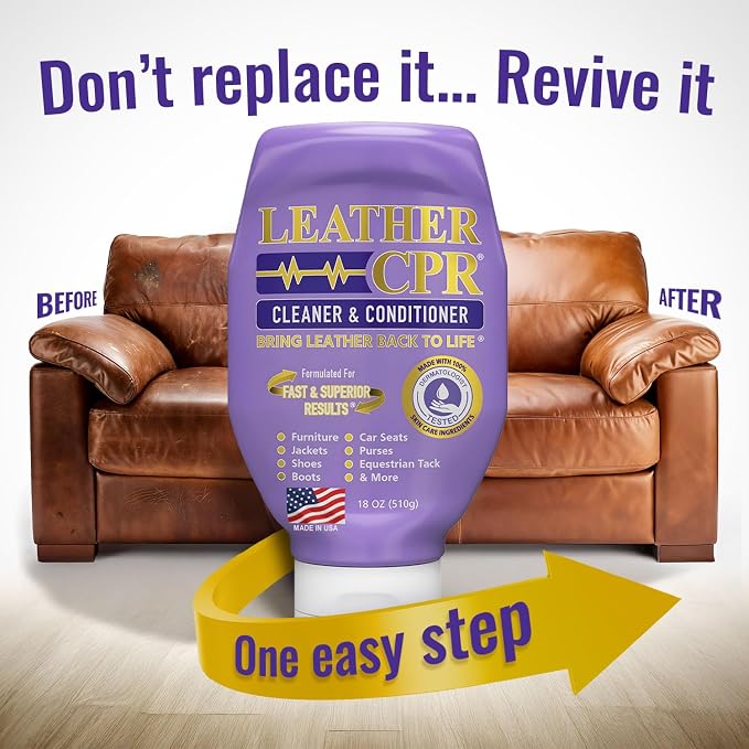Leather CPR Cleaner and Conditioner 18oz. Bring Leather Back To Life on Furniture, Car Seats, Handbags, Jackets, Boots, Saddles, Purses & Shoes. Restores Shine, Softness & Color to Real Leather