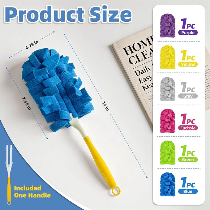 Reusable Duster Refills, Washable Duster for Swiffer (6 PCS) | Include 1 Handle & Laundry Bag, Microfiber Dusting Cloths for Cleaning Fan, Floor, Blind, Windows