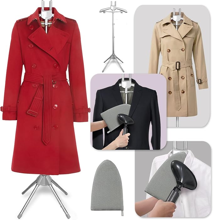 Garment Steamer Rack with Ironing Gloves | Foldable, height adjustable. Use as drying rack, gown display stand, or clothes hanger. Grey. For home, travel & daily use.
