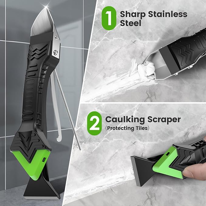 Goopreen 5 in 1 Caulking Tool Silicone Caulking Grout Removal Sealant Finishing Tool with Stainless Steel Head, 6 Replaceable Pads, Gap Seam Repair Kit for Kitchen Bathroom Sink Toilet Caulking