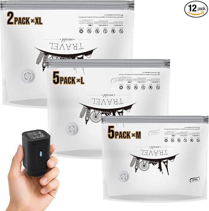 TAILI Vacuum Storage Bags with pump, Vacuum seal Bags for Clothing, Travel Compression Cube, 12 Combo