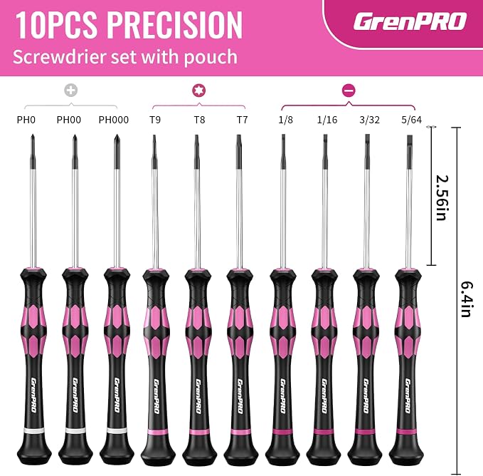 GRENPRO 10-Piece Precision Screwdriver Set, Magnetic Small Screwdrivers with Phillips, Slotted, Torx Star for Eyeglass, Watch, Computer, Laptop, Phone,Pink