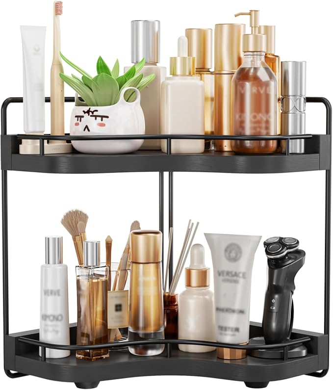 2-Tier Corner Bathroom Counter Organizer, Larger Size | Embedded Screw Holes, Sturdy & Stable, Oversized, Holds More, Vanity Shelf for Makeup & Skincare, Black