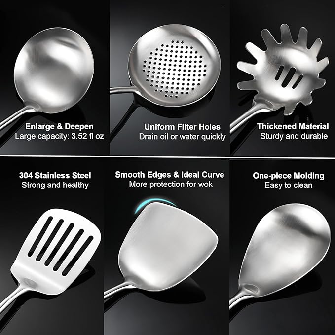 Stainless Steel Kitchen Utensils Set with Wooden Handle for Cooking 9 PCS with Solid and Slotted Spoon, Fork, Spatula, Ladle, Skimmer, Slotted Tunner, Spaghetti and Large Spoon