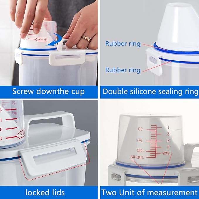 5.5 Lbs Rice Airtight Dry Food Storage Container Set of 4, Rice Storage Bin Cereal Containers Dispenser, Thicken Plastic Clear Food Storage Box with Pouring Spout, Measring Cup for Grain, Flour Snacks | BPA Free, Airtight Lid, with Pouring Spout, Clear...