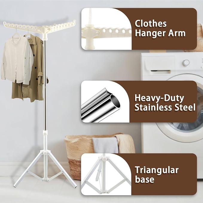 Clothes Drying Rack,Dry Rack for Clothes 36-68" Satin Finish Thickened Stainless Steel Heavy-Duty Tripod Base Space-Saving Collapsable 3 Rotatable Arms