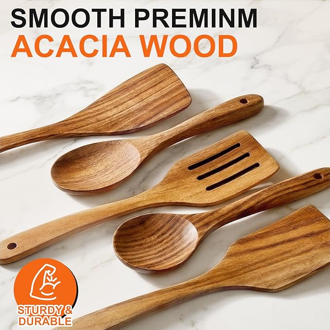 5 Pcs Best Wooden Spoons for Cooking Kitchen Utensils Set Acacia Wood Cooking Spatula Turner Non Toxic Utensil Slotted Serving Spoon Flat Spatulas Set Wooden Utensis Mixing Cooking Spoon Kitchen Tools
