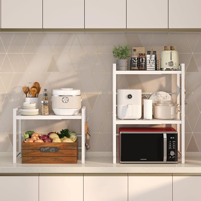 DOLALIKE Expandable Microwave Stand Kitchen Countertop Organizer, White | Adjustable Microwave Oven Rack Metal Storage Shelf with 3 Hooks for Pans Small Appliances Kitchen Utensils Tableware, 3-Ter