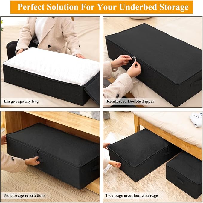 Under Bed Storage Container, 3 Pack Underbed Storage Bags With Lid, Foldable Sturdy Clothes Storage Organizer W/ 3 Handles, Ultra Thick Fabric Blanket Shoe Storage Box, 30x15x6.7inch, Black, 50L | Sturdy Sides and Bottom wieh Ultra-Thick Fabric and 3 H...