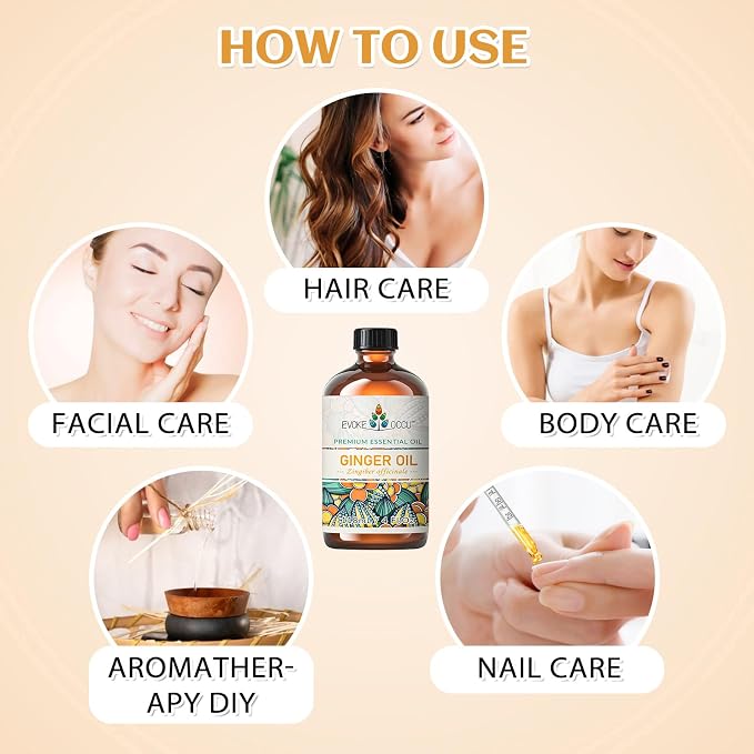 EVOKE OCCU Ginger Oil for Diffuser, Massage, Skin & Hair | Aromatherapy Oil, Warming Relief for Sore Muscles & Joints, Ideal for Scalp Nourishment & DIY - 118mL / 4 fl oz