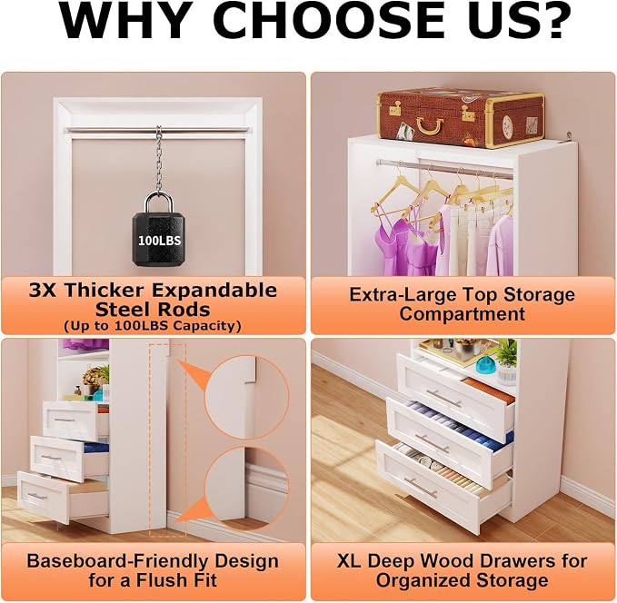 Closet System Set of 4, Closet System with 12 Drawers, 8 Rods & 4 Shelves, 8-21FT Walk in Modular Closet Organizer System, DIY Custom Built in Wood L Shape Closet Organizer Kit, White
