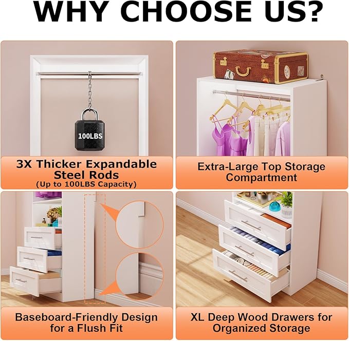 Closet System with 3 Drawers, 2FT-5FT Closet Organizer System with Shelf, Freestanding Walk-in Modular Closet System, Small Wood Closet Drawer System, White, Single Unit
