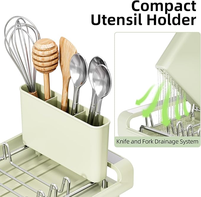 TOOLF Small Dish Drying Rack, Mini Expandable Compact Dish Rack, Slim Extendable Stainless Steel Dish Drainer for Kitchen Countertop, Space Saving Dish Strainer, Soft Celery Green