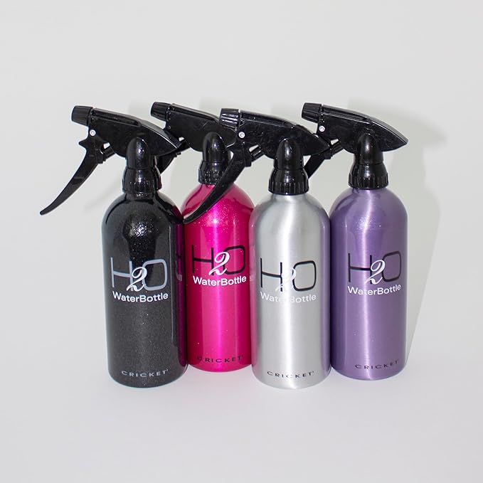 Cricket H2O Water Spray Bottle for Hair Mist – Continuous Stream, Adjustable Nozzle & Stronger Spray Bottles, Durable Aluminum, Refillable for Hair Styling & Barber Use – 13.5 oz, Sparkle Purple
