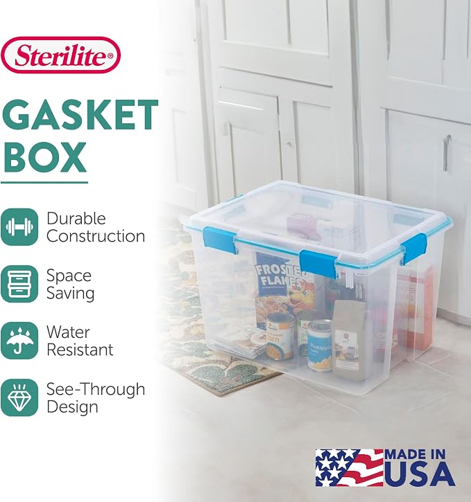 Sterilite Gasket Storage Box with Lids for Home & Office, 80 Quart, 8-Pack | Heavy-Duty, Stackable, and Organizing Containers for Bathroom, Cabinet, Closet, and Garage, Clear and Blue Aquarium Latches