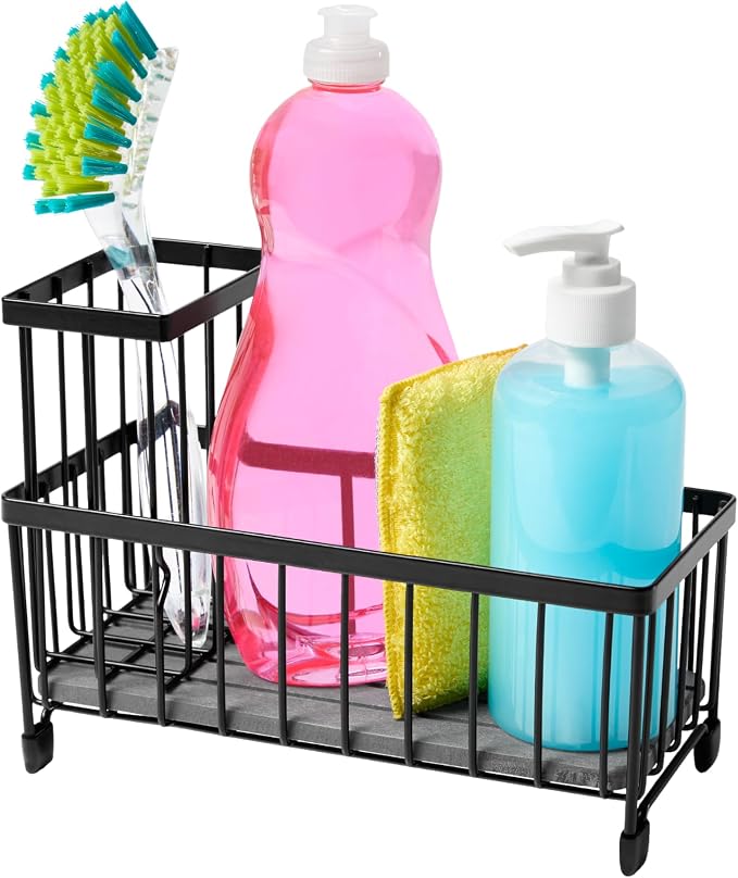madesmart Drying Stone Sink Caddy Organizer for Kitchen Sink, Sponge Holder with Diatomite Water Absorbing Tray, Detachable Brush Holder & Rust Resistant Metal Frame, Black