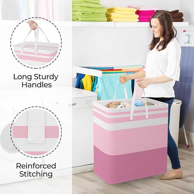 StorageRight Laundry Basket Hamper, 125L Collapsible Clothes Storage, Pink | Freestanding Clothes Hampers, Foldable design, with Easy Carry Handles, For Laundry, Bedroom, Dorm, Clothing, Towels, Toys