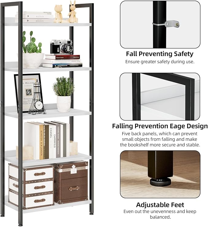 NUMENN Bookshelf, 5 Tier Freestanding Shelving Unit, White&Black | Metal Frame & Wood Shelves, Falling Prevention Baffle, Open Storage Bookcase for Bedroom, Living Room & Home Office