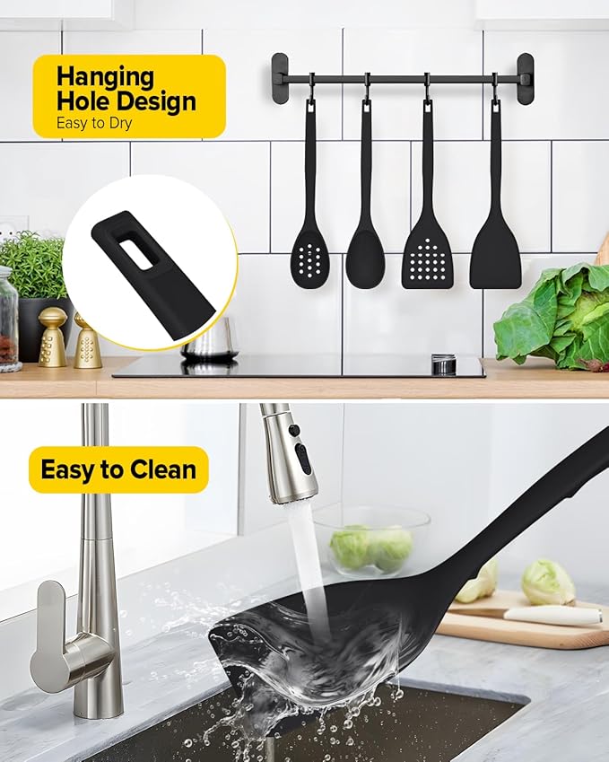 Pack of 4 Silicone Cooking Utensils Set, Non Stick Solid Spatulas and Heat Resistant Slotted Spoons with Back Hooks, Ideal BPA Free Kitchen Utensils Set for Frying,Serving,Turning,Stirring (BLACK)
