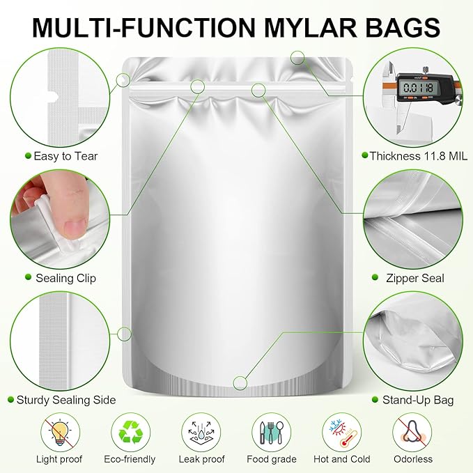 SYMYNELEC 100-Pack Mylar Bags with 400cc Oxygen Absorbers for Food Storage | 11.8 Mil Heavy Duty, 3 Sizes (1 Gallon, 1 Quart, 1/2 Pint), Stand-up Zipper, Resealable, Heat Sealable, Airtight, Smell Proof