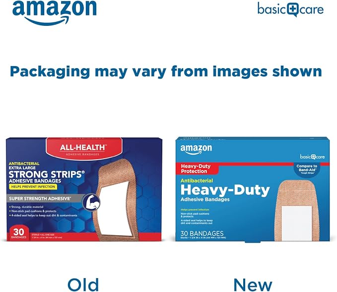 Amazon Basic Care Heavy Fabric Adhesive Bandages, Strong Adhesion, Large Tough & Flexible Non-Stick Pad Cushion, 1.75 x 4 in, 30 Count