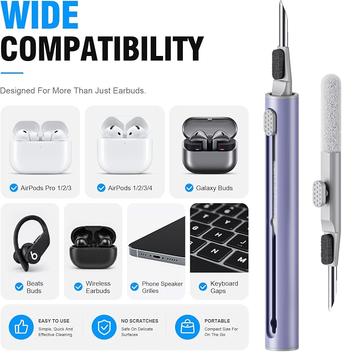 Hyashee Cleaner Kit for Airpods Pro 1 2 3 Multi-Function Cleaning Pen with Soft Brush Flocking Sponge for Bluetooth Earphones Case Cleaning Tools (Lavender Purple)