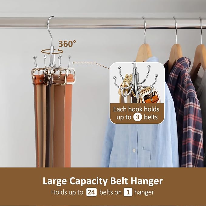 ZEDODIER Belt Organizer for Closet, Heavy-Duty Rotating Belt Hanger Tie Rack Holds up to 24 Belts, Hanging Space Saving Metal Belt Holder for Closet Storage
