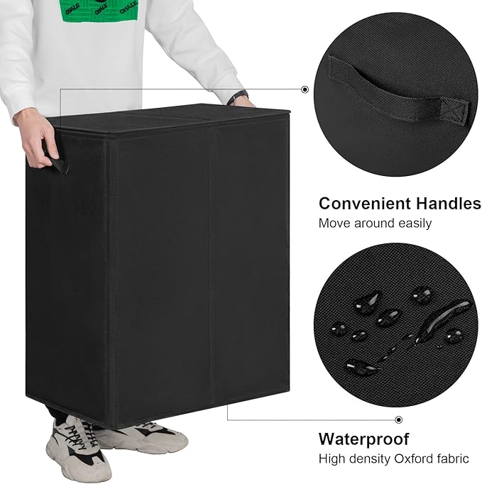 WOWLIVE 154L Double Laundry Hamper 2 Section with Lid and Removable Bags | Divided Laundry Basket, Large Dirty Clothes Hamper with Handle, Collapsible Laundry Storage for Dorm Room, College, Black