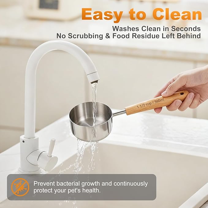 2PCS 1-1/2Cup(360ml | 12oz) Dog Cat Food Scoop, 18/8(304) Stainless Steel Measuring Cup with Wooden Handle, Etched Measurements Inside, BPA Free Portion Control for Pets & Kitchen Use