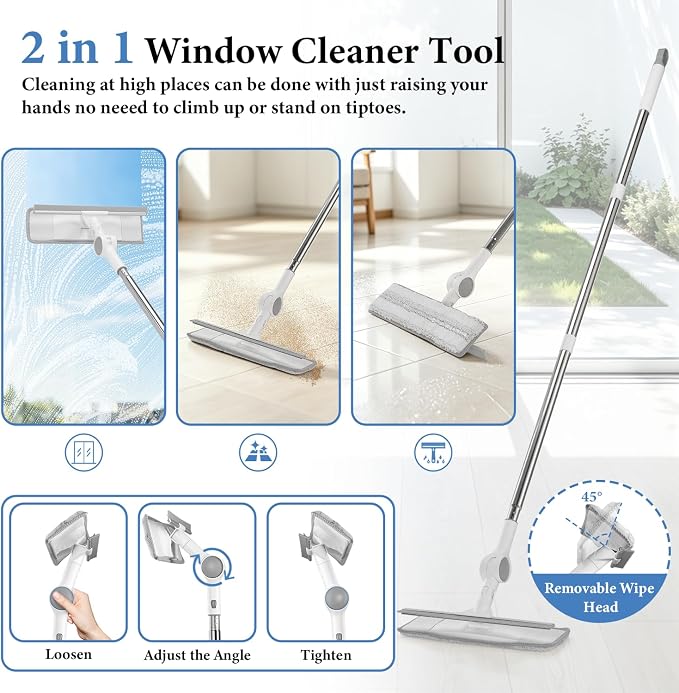 7-in-1 Floor Scrub Brush Magic Silicone Broom Set with Long Handle | Tile Tub Scrubber Brush, V-Shaped Grout Brush, Clothes Hook Pole, 2 in 1 Window Cleaner Squeegee for for Shower Bathroom Wall