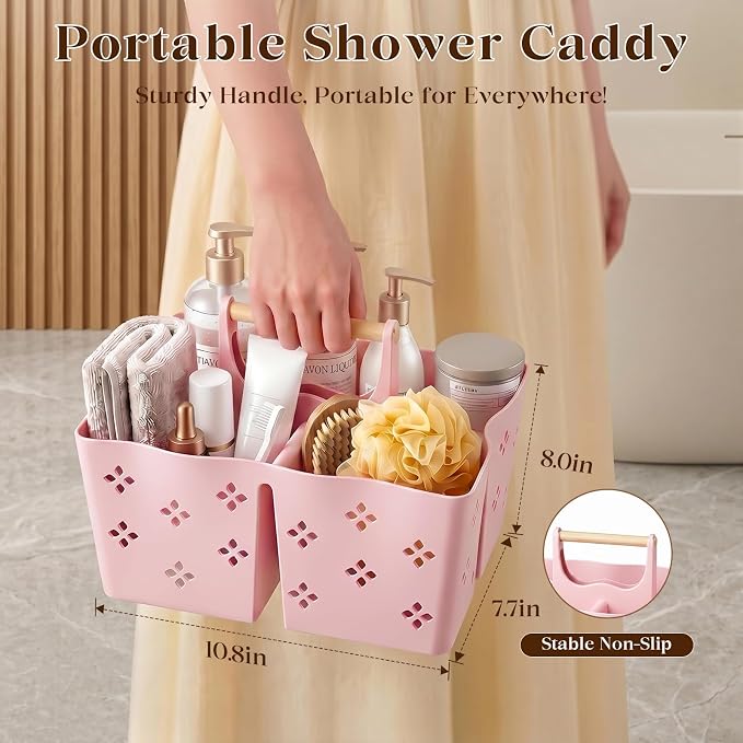 GVY Plastic Shower Caddy Portable, Large Capacity Shower Basket with Handle, Divided Bathroom Toiletry Organizer, Quick-Drain Shower Caddy for College Dorm Beach Kitchen Essentials, Pink