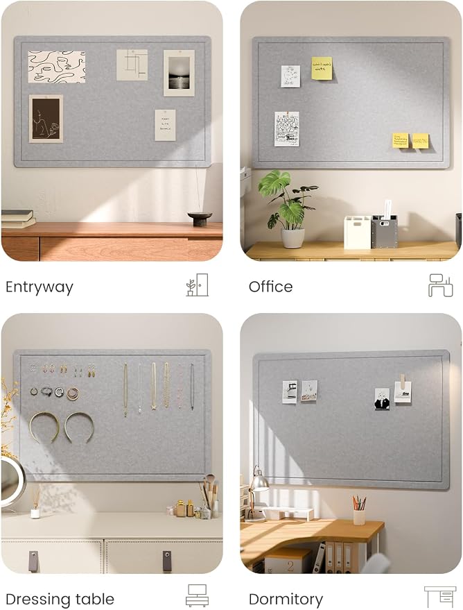 Fluxynara 35.4" x 23.6" Bulletin Board, Soft Gray | Cork Board Alternative with 12 Removable Adhesive Tabs, Foldable Felt Pin Board for Home, Office, Classroom & Dorm