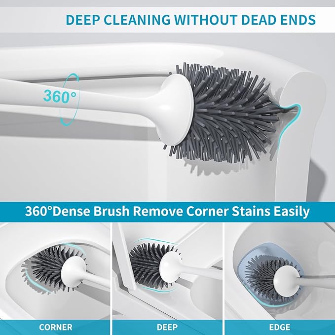 Silicone Toilet Brush and Holder Set, Toilet Bowl Brush with Tweezers Long Handle, Toilet Cleaner Brush for Bathroom Deep Cleaning, Elegant Toilet Scrubber Bathroom Accessories (Light Gray)