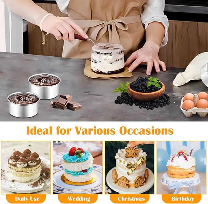 P&P CHEF 4 Inch Round Cake Pan Set of 3, Stainless Steel Round Baking Layer Pans Bakeware for Layer Birthday Cake, Fit Oven/Pots/Pressure Cooker, Leakproof & Dishwasher Safe, Silver
