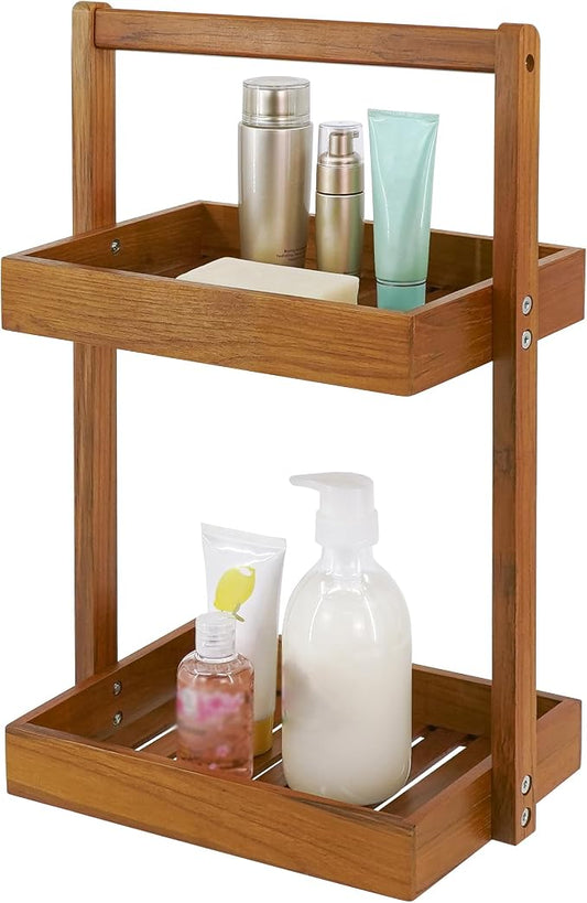 Utoplike Teak Wood Shower Caddy Corner, 2 Tier Bathroom Organizer Countertop, Standing Shower Rack with Handle, Stand Up Shower Basket for Shampoo, Shelf Rack for Inside Shower, Kitchen Desktop | Solid Shower Organizer with Handle, Stand Up Shower Bask...