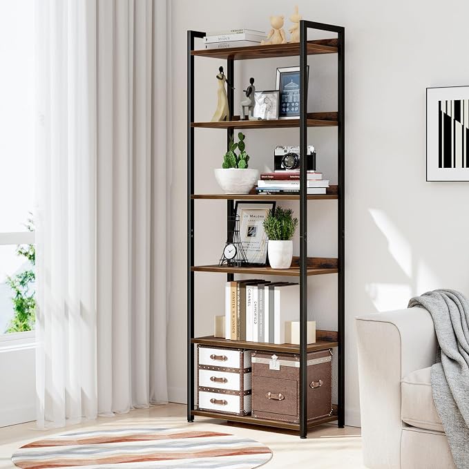NUMENN Bookshelf, 6 Tier Freestanding Shelving Unit, Vintage | Metal Frame & Wood Shelves, Falling Prevention Baffle, Open Storage Bookcase for Bedroom, Living Room & Home Office