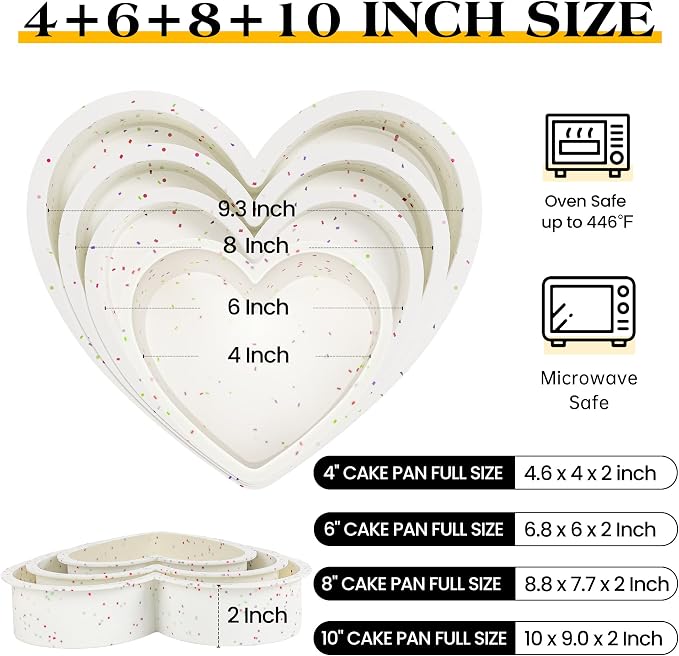 4 Pcs Heart Shaped Cake Pans Set, Nonstick Silicone Heart Molds in 4/6/8/10 Inch for Baking Layer Cakes, Cheesecakes, Brownies, Romantic Gift for Her on Love-Filled Occasions（Cream Confetti）