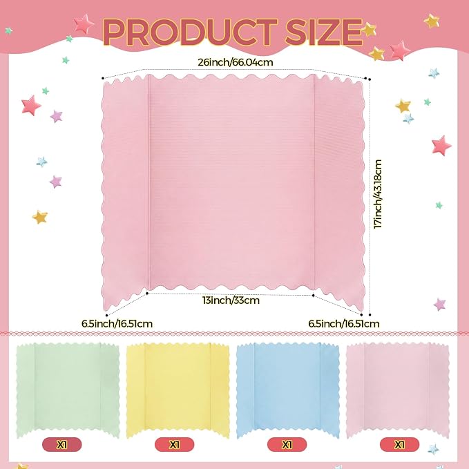 Mooliwe 4 Pack 26" x 17" Trifold Poster Board Macaron Color Corrugated Scalloped 3 Fold Small Display Boards Foldable Business Paper Board for Presentation Science Fairs Event School Projects