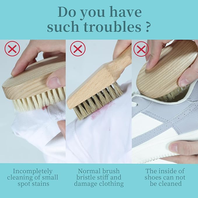 Laundry Stain Brush, Natural Soft Boar Bristles, Removes Tough Stains from Delicate Fabrics Like Knits, Cotton, and Linens, Gentle on Fabrics, No Damage