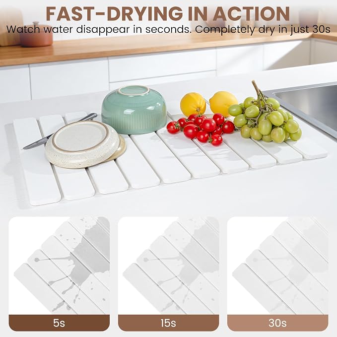 LARGE STONE DISH DRYING MAT FOR KITCHEN COUNTER, 2 PCS QUICK DRY STONE MATS, FOLDABLE WATER ABSORBING DIATOMACEOUS EARTH DRYING PAD FOR PLATE RACK BOTTLES UTENSILS CUPS, WHITE 23.6"×15.3"