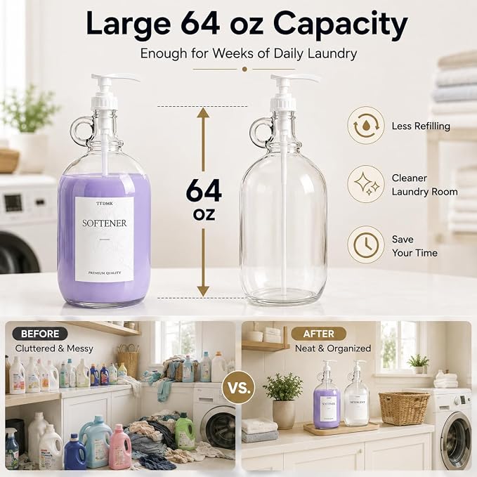 2 Pack Glass Laundry Detergent Dispensers, 64 oz Half Gallon Bottles | Reusable Glass Bottles with Pumps and Labels for a Clean, Organized and Stylish Laundry Room.