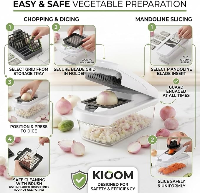 Vegetable Chopper 15 in 1 with Container – Mandoline Slicer, Onion Chopper Dicer, Food Chopper, Cheese Grater & Veggie Slicer for Kitchen Meal Prep | KIOOM