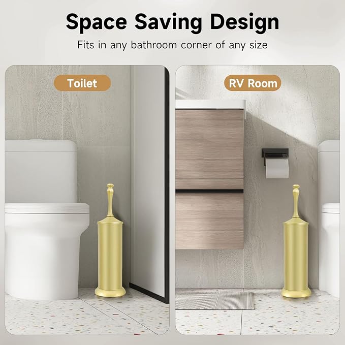 Gold Toilet Brush and Holder，Extra Long Handled Toilet Brush for Bathroom，Stainless Steel Heavy Duty Toilet Bowl Brush,Deep Cleaning Modern Toilet Cleaner Brush -Space Saving, Covered Brush, Durable