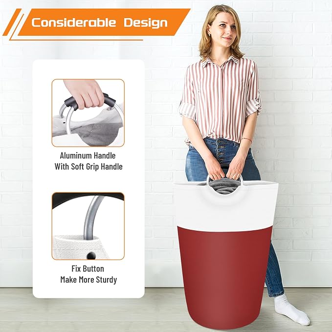 BlissTotes 115L Laundry Basket, Freestanding Collapsible Hamper, Red | Collapsible Dirty Clothes Hamper, Foldable Laundry Bag for Dorm, Waterproof Fabric, Padded Aluminum Handles