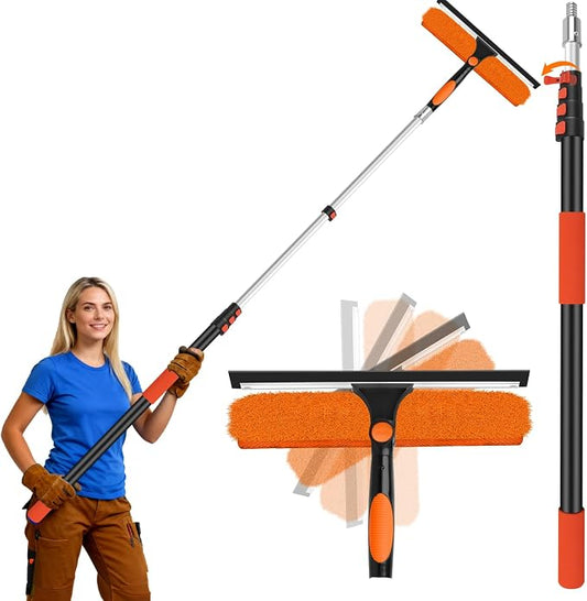 14" Extra-Wide Window Squeegee with Extension Pole, 26FT High Reach Window Cleaning Kit with- 2-in-1 Professional Window Scrubber & 5-20FT Extension Pole, for Indoor & Outdoor High Windows,RVs