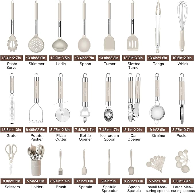 Kitchen Utensils Set-Silicone Cooking Utensils-33pcs Non-Stick Silicone Cooking Kitchen Utensils Spatula Set with Holder-Best Kitchen Cookware with Stainless Steel Handle (Khaki)