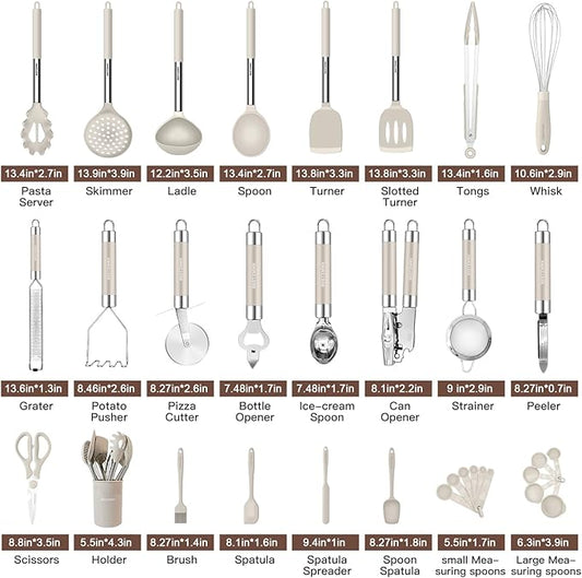 Kitchen Utensils Set-Silicone Cooking Utensils-33pcs Non-Stick Silicone Cooking Kitchen Utensils Spatula Set with Holder-Best Kitchen Cookware with Stainless Steel Handle (Khaki)